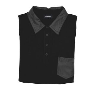 Diesel Mens Black Polo Shirt Sheepskin‎ Leather Collar Pocket Trim Button Up